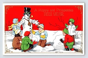 AK Frohes Neues Jahr Kinder Schneemann 1910er Jahre unbespielt geteilt hinten - Bild 1 von 2