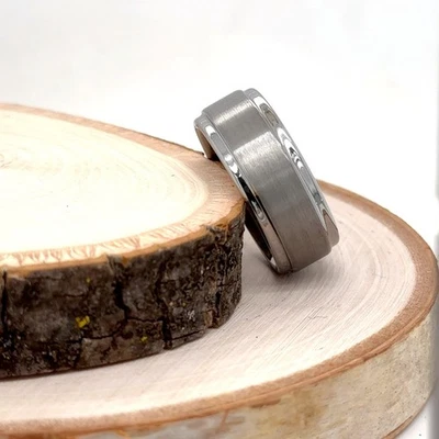 9mm Unisex Tungsten Carbide Ring Brushed Silver Center Polished Grooved Edges - Image 1 of 4