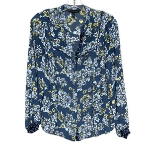 White House Black Market Honey Floral Blue Button Blouse Leopard Trim Shirt Sz 4 - Picture 1 of 9