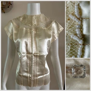 1940s Liquid Satin Back Button Top Slip Shirt Beaded Lace Blouse Bed Jacket VTG - Picture 1 of 24