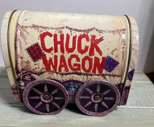 Vintage Chuck Wagon Tin W/ Hinged Lid & Moving Wheels Western Decor Metal Tin - Picture 1 of 7