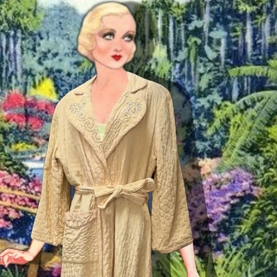 Bata y cinturón vintage de satén de melocotón acolchada princesa de los años 40 con cordón bordados Foto 1 de 4