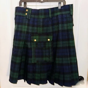 Scottish Kilt Tartan Plaid Mens sz 36 Green Blue Black Pleated Traditional - Picture 1 of 6
