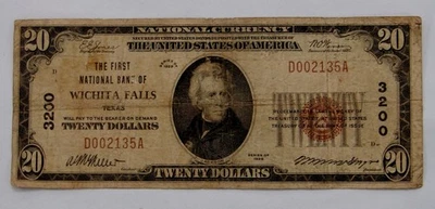Wichita Falls, TX - 1929 $20 The First NB - CH# 3200 - Circulated - Image 1 of 2