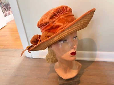 1920s , original, wide brim straw cloche, apricot  velvet crown & florals! - Image 1 of 4