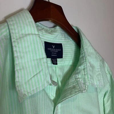 Camisa con botones American Eagle para hombre verde lima blanca ajustada XXL a rayas 50x31 Foto 1 de 4