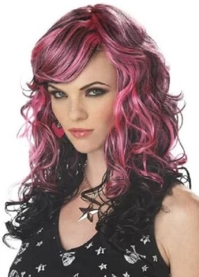 Pink & Black Long Layers Rock Vixen Wig Sexy Punk Rocker LA Tattoo Biker Chick - Image 1 of 4