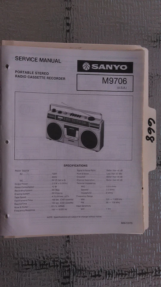 Sanyo m9706 service manual original repair book stereo tape player radio boombox - Image 1 of 1