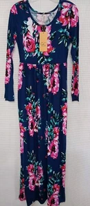 Grecerelle Size Small Blue Floral Long Sleeve Maxi Dress Loose Blue Pink New - Picture 1 of 9