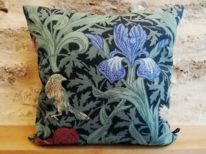 William Morris Iris Cotton & Velvet Back Fabric Arts Cushion Cover Teal Blue