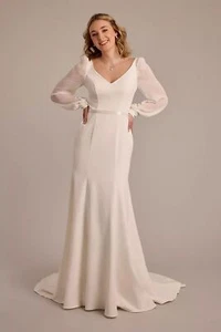 Simple Satin Wedding Dresses Mermaid V-Neck Long Sleeve With Button Backless - Picture 1 of 8