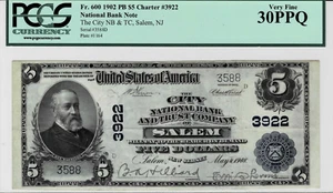 1902 $5 National Bank 'Plain Back' note-fr.600 (Salem,NJ-CH#3922) PCGS VF 30 EPQ - Picture 1 of 6