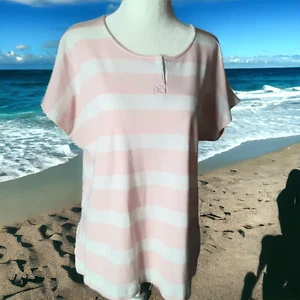 Vintage AILEEN Womens Knit Top L (fits M) Pink Stripe Cotton Cap Sleeve AS IS - Picture 1 of 19