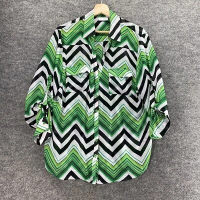 New York & Company Shirt Women XL Green Striped Button Up Collared 3/4 Sleeve - Image 1 of 4