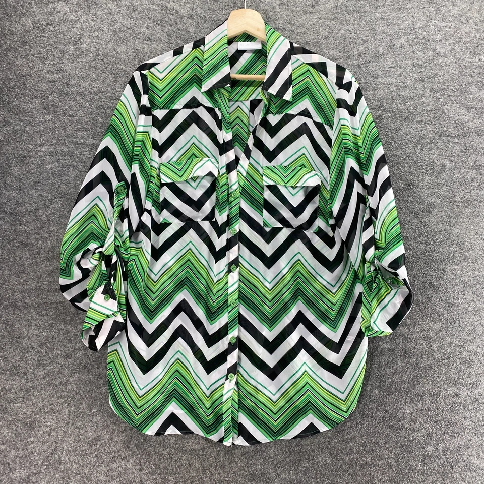 Camisa New York & Company Mujer XL Verde Rayas Cuello Abotonado Manga 3/4 Foto 1 de 4