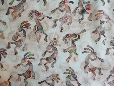 KOKOPELLI NATIVE AMERICAN SPIRIT GOD TAN BROWN ORANGE DIGITAL COTTON FABRIC FQ - Image 1 of 4