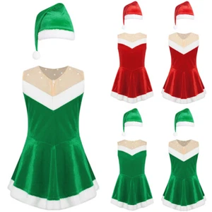 Kids Girls Christmas Costume Show Dance Dress Flannel Santa Claus Outfit 2Pcs - Picture 1 of 35
