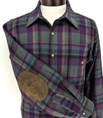 Camisa De Colección PENDLETON Talla L Lana Franela a Cuadros PARCHE EN EL CODO Púrpura Cuello Lazo LEER* Foto 1 de 4