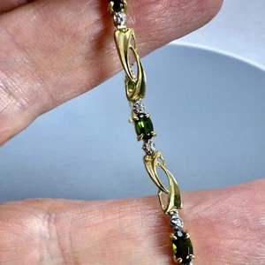 Bracciale tennis oro giallo 10 kt 5x3mm tormalina verde naturale e diapositive 5,1gr 7in. - Foto 1 di 10