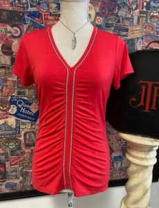 Colleen Lopez Red Chain Detail Stretch Jersey Knit Top S New - Picture 1 of 4