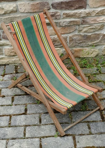 Antique Folding Chair Beach Wood & Canvas Adjustable Fishing Child size Cover