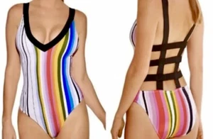 🟢🔴 EXCELLENT! Rachel Roy Strappy LATTICE BACK STRIPED RAINBOW 1PC Swimsuit MED - Picture 1 of 11