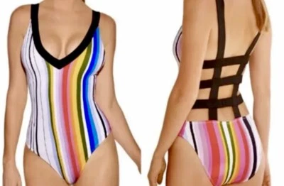 🟢🔴 EXCELLENT! Rachel Roy Strappy LATTICE BACK STRIPED RAINBOW 1PC Swimsuit MED - Image 1 of 4