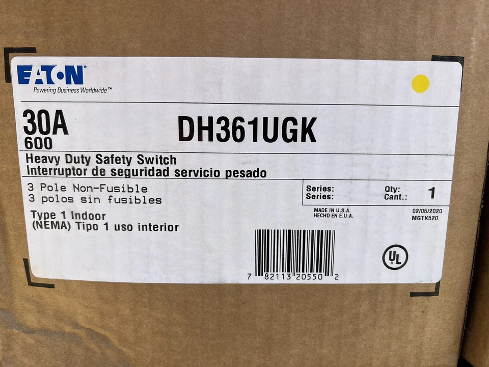 DH361UGK Cutler Hammer 30 Amp 600V Non Fusible Nema 1 Indoor Rated New - Image 1 of 1