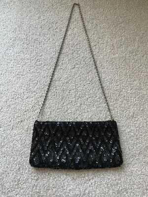 Bolsa de mão vintage preta com miçangas La Regale lantejoulas argila diamante corrente prata - Imagem 1 de 4