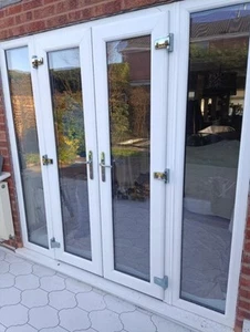 THIN NARROW FRENCH DOORS WITH SIDELIGHTS DOUBLE GLAZED USED UPVC WHITE PLASTIC - Picture 1 of 24
