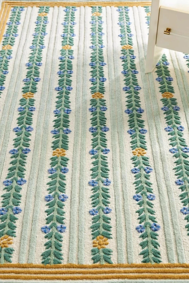Handmade Wool Tufted Rug Cottage Striped Floral Green Country Style Rug - Image 1 of 3