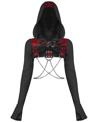Punk Rave Womens Gothic Hooded Bolero Shrug Top Black Red Cropped Jacket Chains - Image 1 of 4