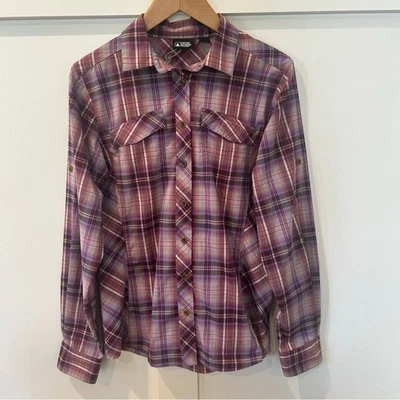Eastern Mountain Sports Women's Button Down Shirt Plaid Purple Pink Pockets SZ M - Image 1 of 4
