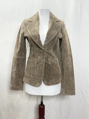 NUEVO CON ETIQUETAS De Colección Y2K Madonna Talla XS Marrón Claro 100% Gamuza Chaqueta Blazer Abrigo Forrado Bolsillo Foto 1 de 4