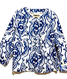 Chicos Indigo Blue White Batik Hidden Hook Collarless Jacket Blazer Sz 3 US XL - Bild 1 von 12