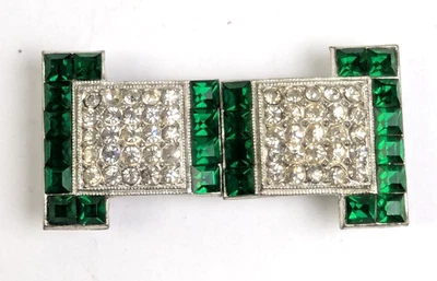 Diamantes de imitación vintage Art Deco checos verde esmeralda y cristal 2 piezas. Hebilla Foto 1 de 4