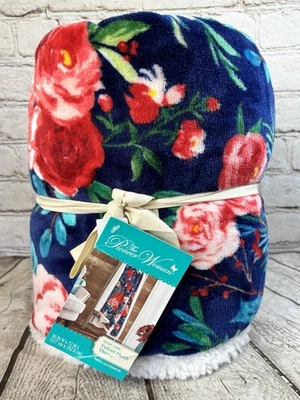 The Pioneer Woman Holiday Floral Sherpa Throw Blanket 50x72 Velvet Plush Blue - Image 1 of 3