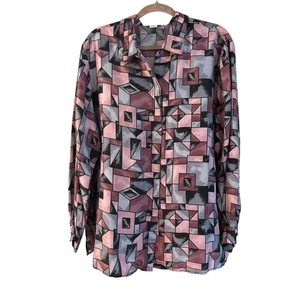 Vintage Stunt Damen 100 % Seide Knopfleiste Bluse Geometrisches Muster Rosa Größe 1X - Bild 1 von 6