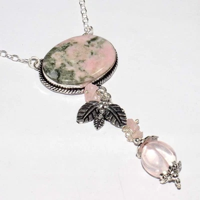 Collar gota de cuarzo rosa calcita cobalto con cuentas enchapado en plata 925 17" GW Foto 1 de 3