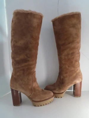 Gianvito Rossi Beige Gamuza Alto Piel de Oveja Forrado Tacón Bloque Botas/Zapatos EUR 39 Foto 1 de 4