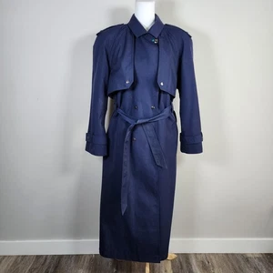 Vintage Trench Coat Womens 9 10 Double Breasted Timeless Luxury Navy Blue 90s - Picture 1 of 11
