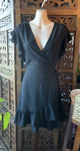 Ladies Size 10 Dress Fixed Wrap Poly Elastane Ruffle Hem/ Sleeve Flattering Neck - Picture 1 of 8