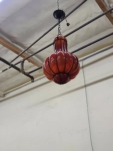 Handcrafted Wrought Iron & Glass Ceiling Lamp Red Hand Blown Big #B - Picture 1 of 12