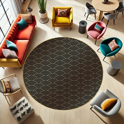 Seigaiha Round Rug, Wave Pattern Mat, Gold Black Carpet, Zen Room Decor - Image 1 of 4