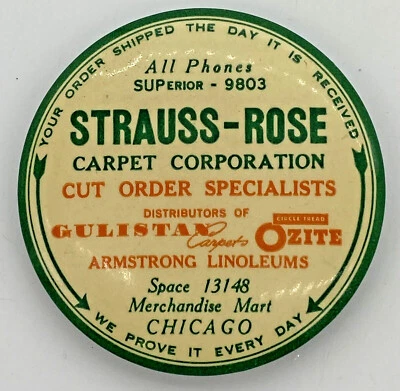 ADVERTISING HAND MIRROR STRAUSS ROSE CARPET CORPORATION Vintage - Image 1 of 3