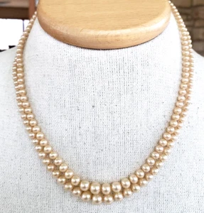 Vtg Signed Pink Glass Pearl Graduated 2 Strand Necklace 16" Rhinestone Box Clasp - Picture 1 of 7