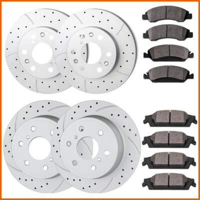 Front & Rear Drill Slotted Rotors & Brake Pads for 2007-13 Chevy Avalanche Tahoe - Imagem 1 de 4