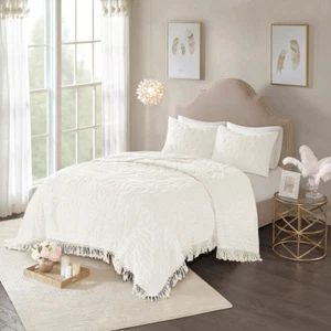 CLASSIC COZY ULTRA SOFT VINTAGE IVORY WHITE CHENILLE SHABBY FRINGE QUILT SET - Picture 1 of 3