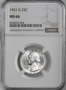 1951-D 25C WASHINGTON SILVER QUARTER "DENVER MINT" NGC MS66 #8343474-054 - Picture 1 of 4
