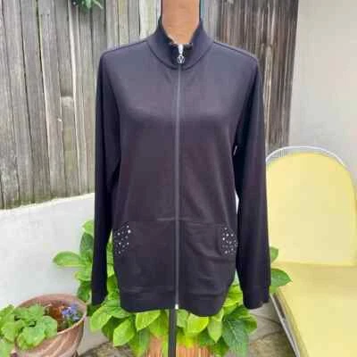 Joan Vass Sudadera con Cremallera Suéter Negro con Bolsillos Bling Adornados Talla M Foto 1 de 4